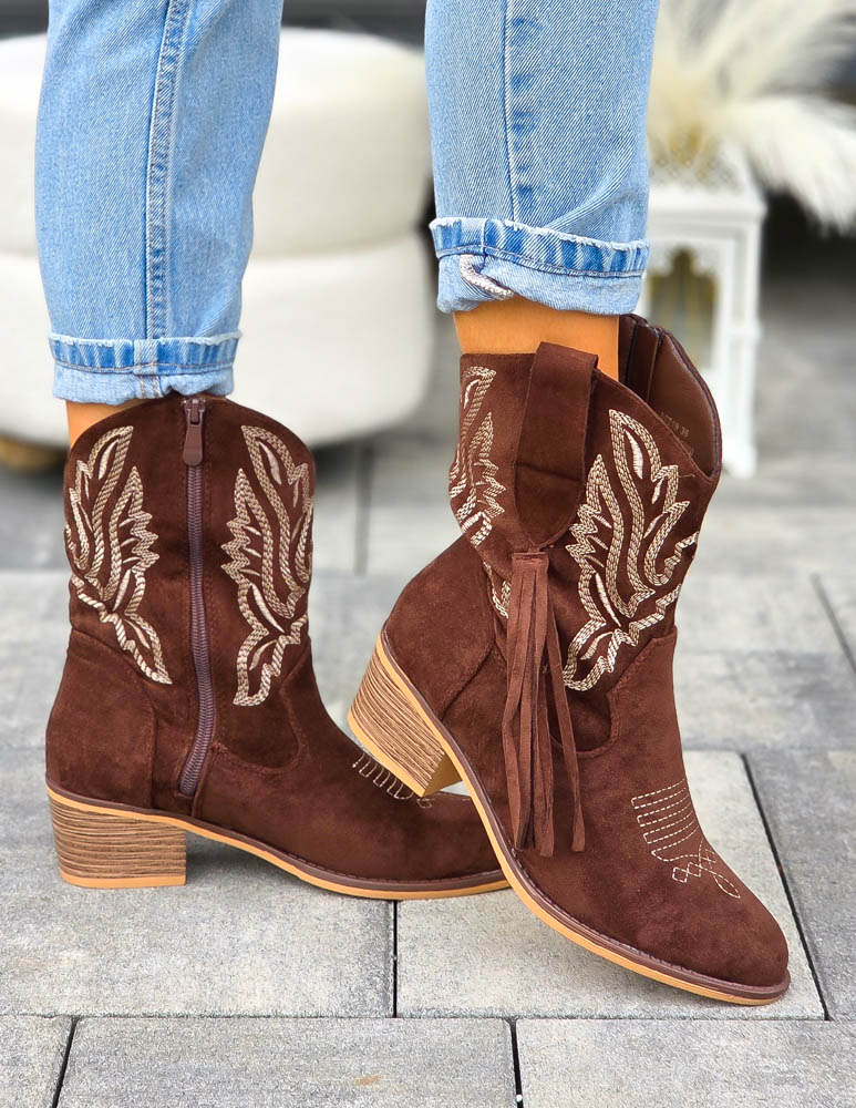 Czekoladowe Botki Kowbojki z Haftem Seek