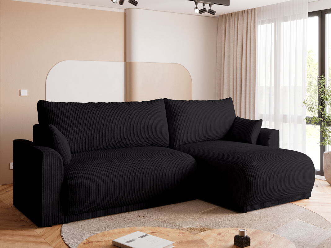 Czarna rozkładana kanapa narożna do salonu z funkcją spania MORENO