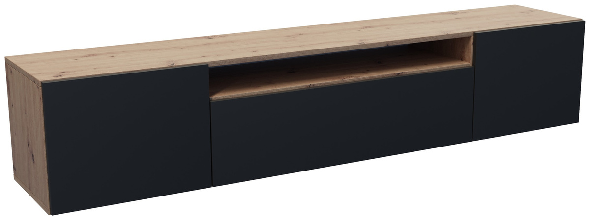 Nowoczesna szafka RTV 200 cm wisząca do salonu LANTOS dąb artisan + czarny
