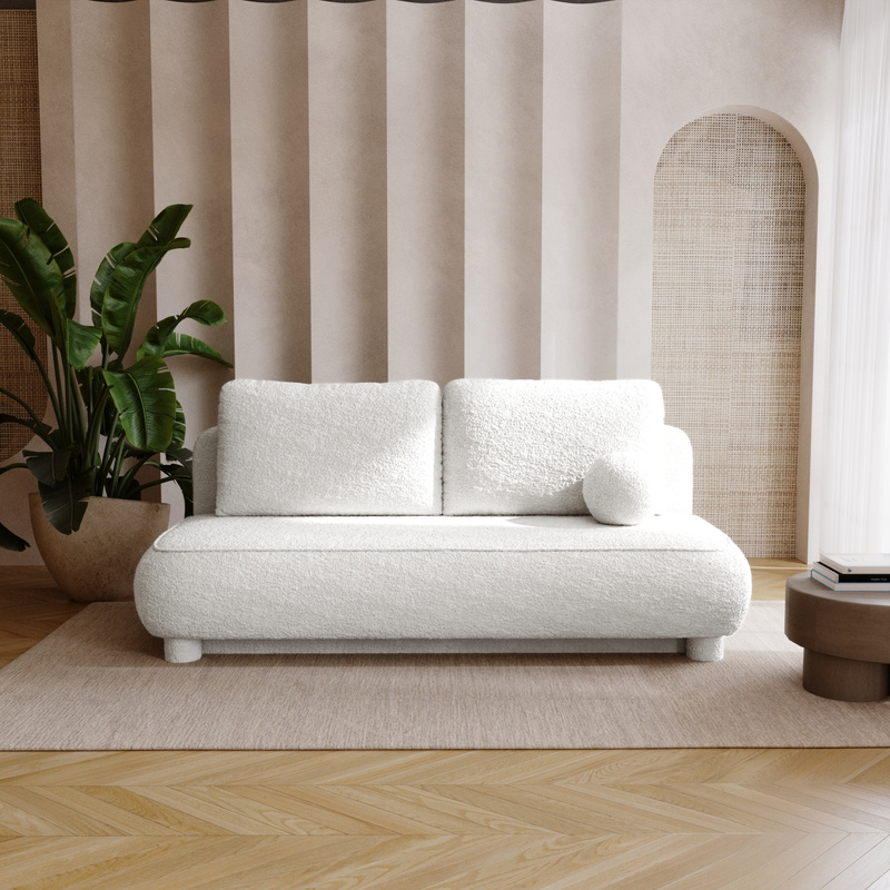 Rozkładana biała kanapa z funkcją spania i pojemnikiem do salonu GISELLE