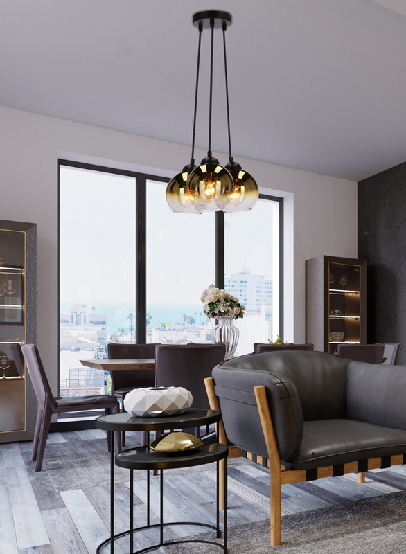 Czarna lampa wisząca 3-płomienna z kloszami do salonu NUBIA metal szkło