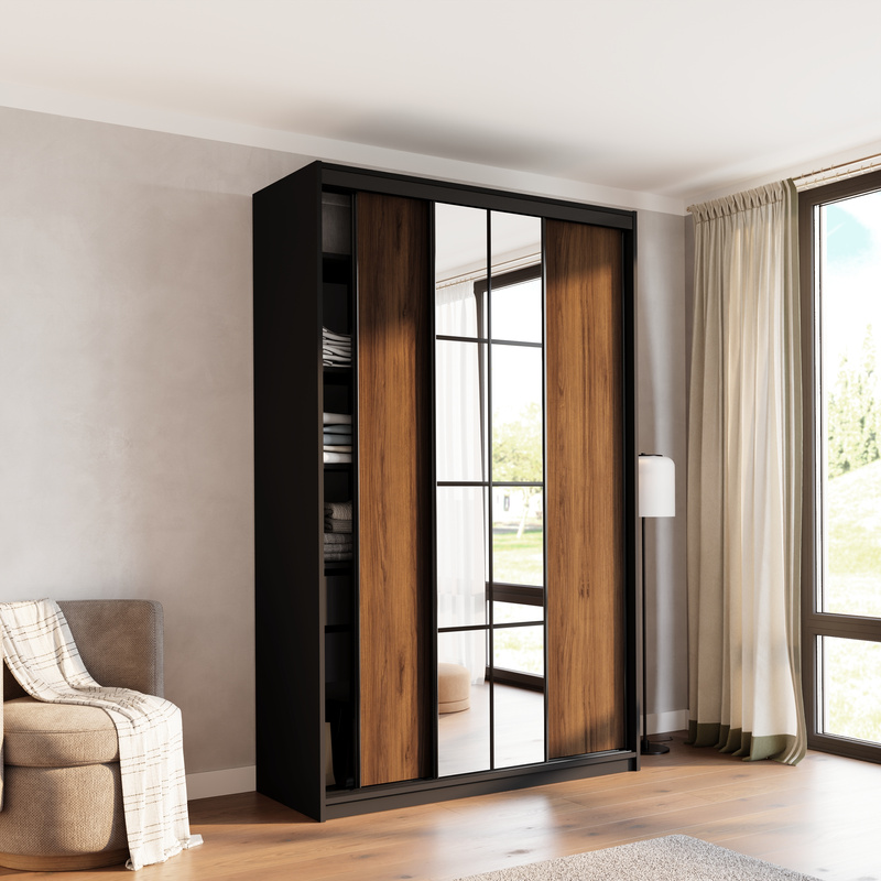 Wysoka szafa przesuwna z lustrem 150 cm do sypialni EDGE MAX orzech