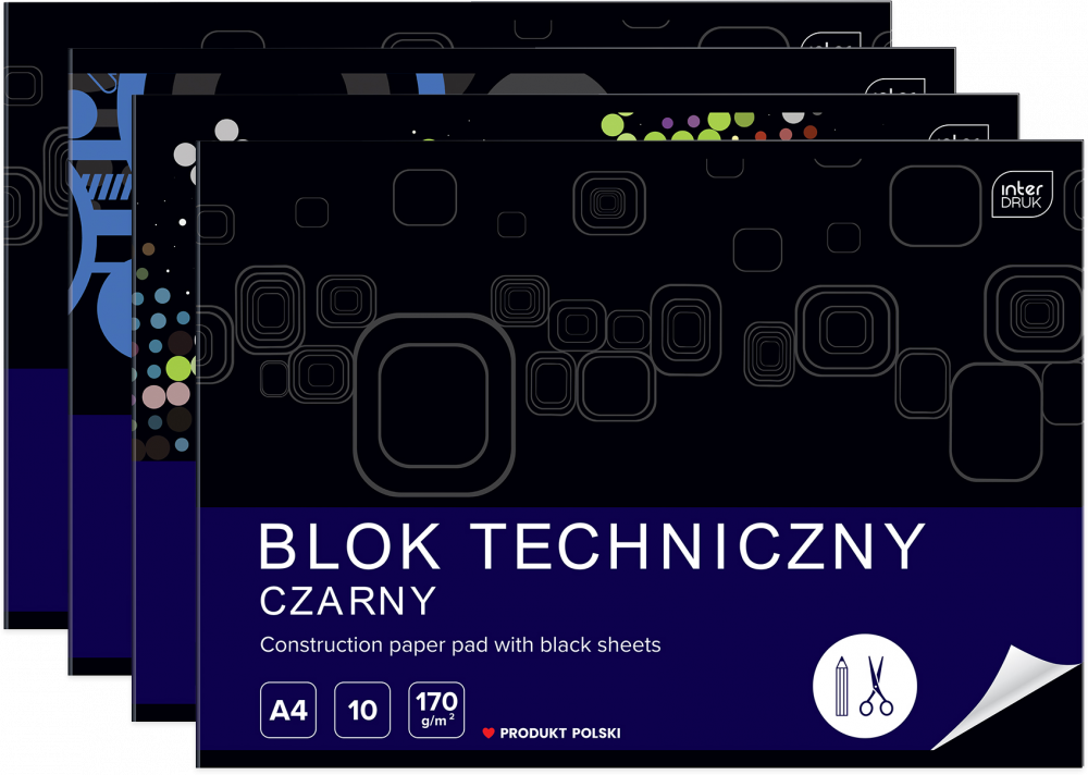4x Blok techniczny Interdruk, A4, 10 kartek, czarny, mix wzorów