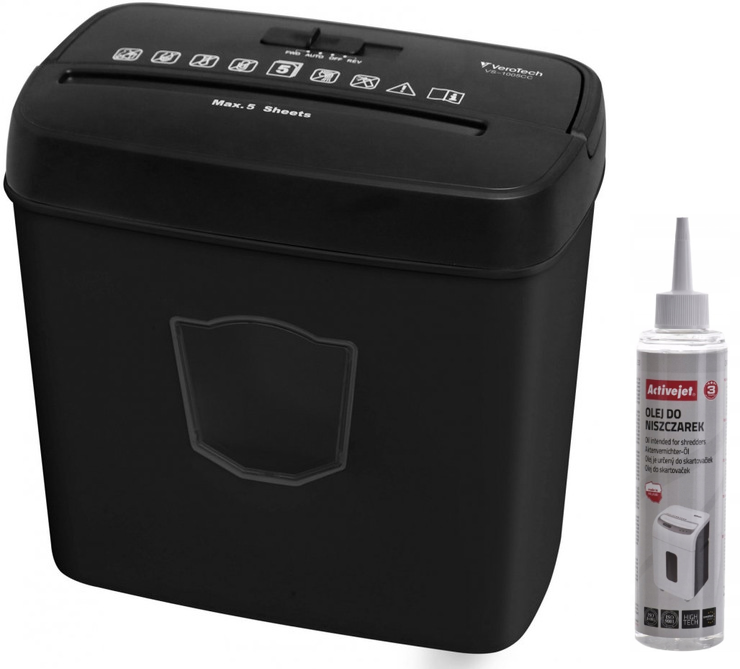 Zestaw Niszczarka VeroTech VS-1005CC, ścinek 4x35mm, 5 kartek, P-4/T-4/E-3/F-1 DIN, czarny + Olej do niszczarek Activejet ASO-250, 250ml