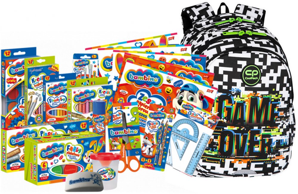 Zestaw: Plecak szkolny CoolPack Jerry Game Over + Wyprawka szkolna Bambino, 18-elementów