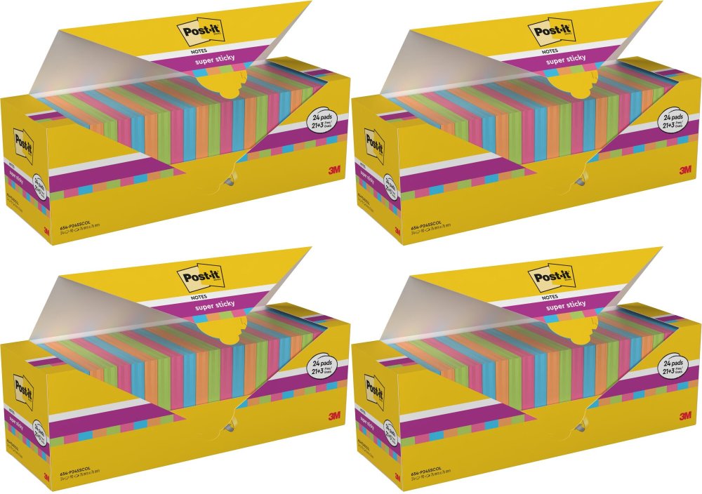 4x Notes samoprzylepny Post-It Super Sticky (654-SS-VP24COL), 76x76mm, 24 (21+3 gratis) x 90 karteczek, mix kolorów
