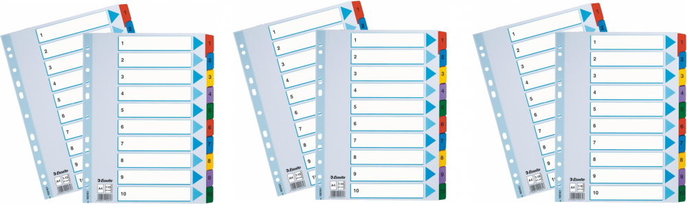 6x Przekładki do segregatora Esselte Mylar, kartonowe, numeryczne, A4, 1-10 kart, mix kolorów