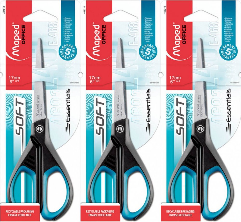 3x Nożyczki biurowe Maped Essentials Soft, 17cm, czarno-niebieski