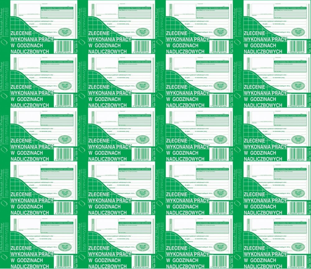 20x Druk akcydensowy zlecenie wykonania pracy w godzinach nadliczbowych MiP 529-5, A6, 1 kopia, 40k