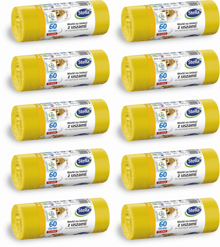 10x Worki na śmieci Stella, na metal/plastik, ekologiczne, 60l, 14 sztuk, żółty