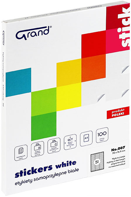 Etykiety samoprzylepne Grand No.007, 70×16.9mm, 100 arkuszy, biały