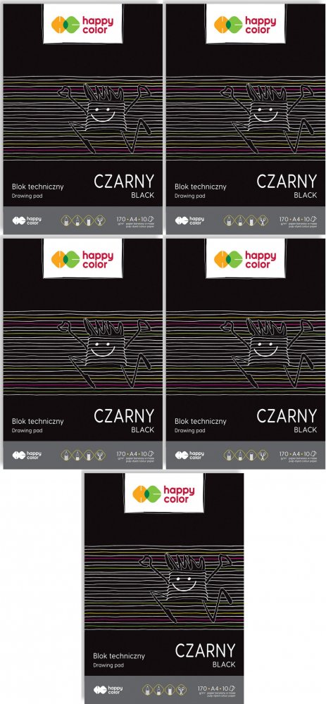 5x Blok techniczny Happy Color, A4, 10 kartek, czarny