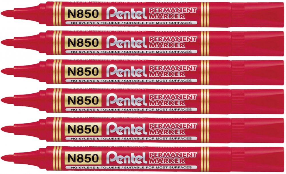 6x marker permanentny Pentel N850, okrągła, 4.5mm, czerwony