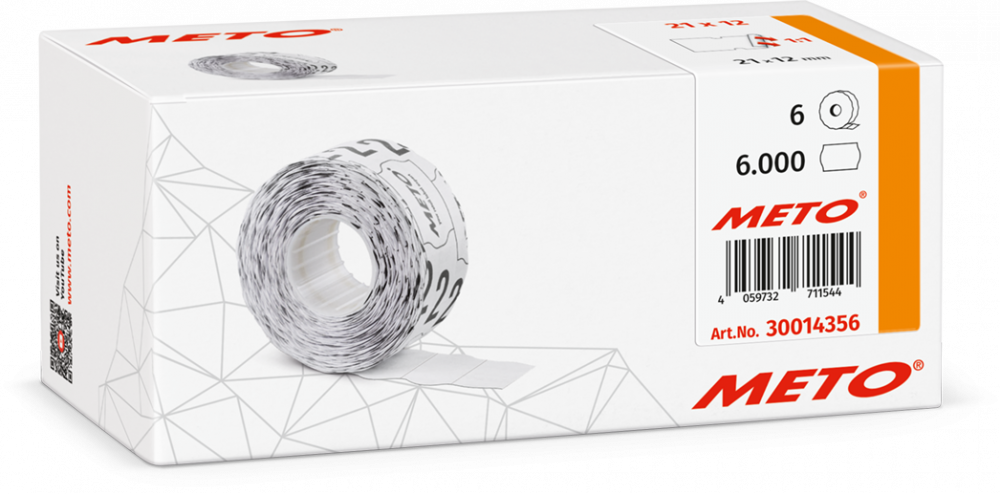 Etykiety cenowe w rolce Meto, do metkownicy jednorzędowej, 21x12 mm, 1000 sztuk, 6 rolek, biały