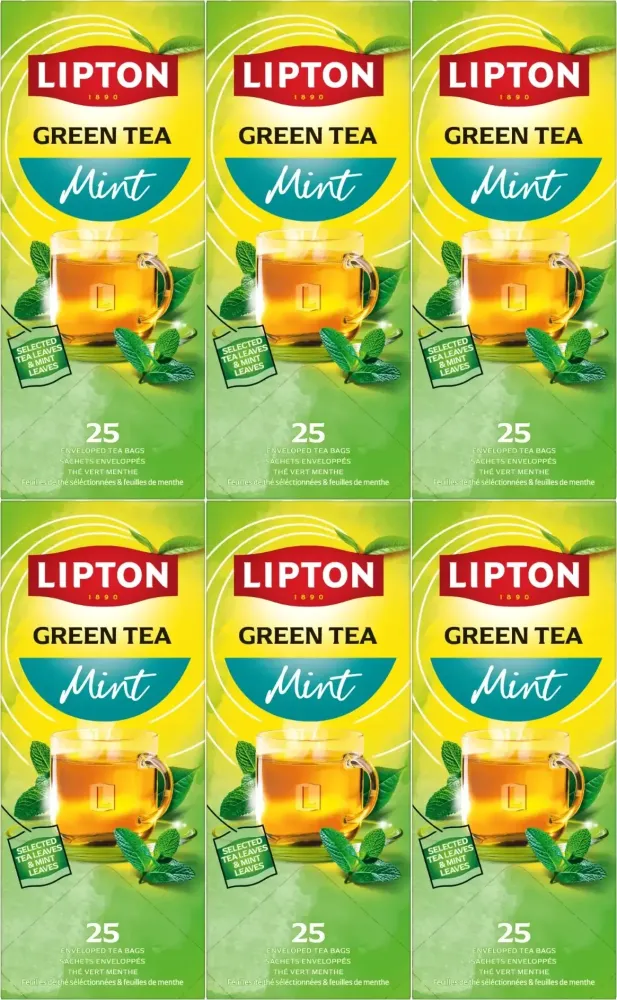6x Herbata zielona smakowa w kopertach Lipton Classic Green Tea Mint, mięta, 25 sztuk x 1.6g