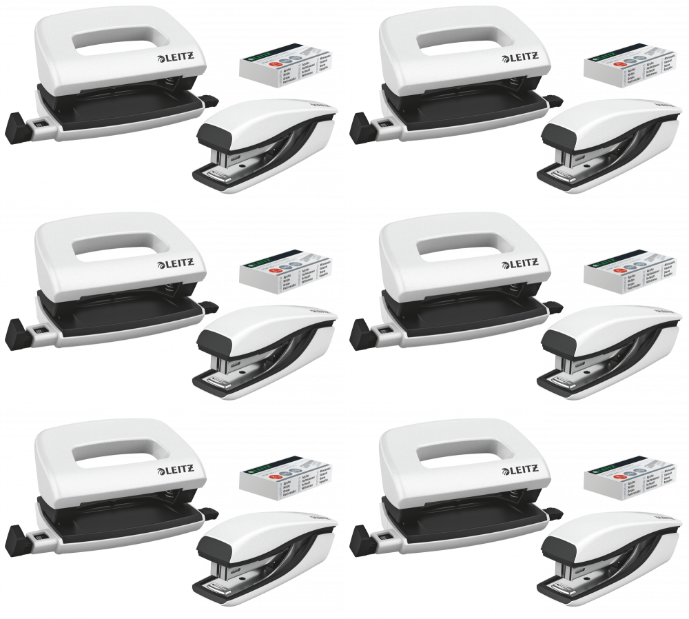 6x Zestaw zszywacz i dziurkacz Leitz Mini NeXXt Wow, metalowy, biały