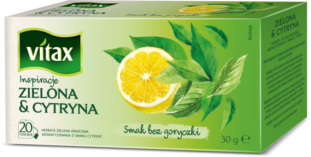 Herbata zielona smakowa w torebkach Vitax Inspirations, cytryna, 20 sztuk x 1.5g