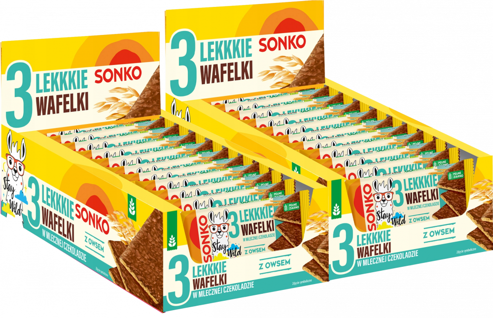 22x Lekkie wafelki Sonko, z owsem, w mlecznej czekoladzie, 3 sztuki, 36g