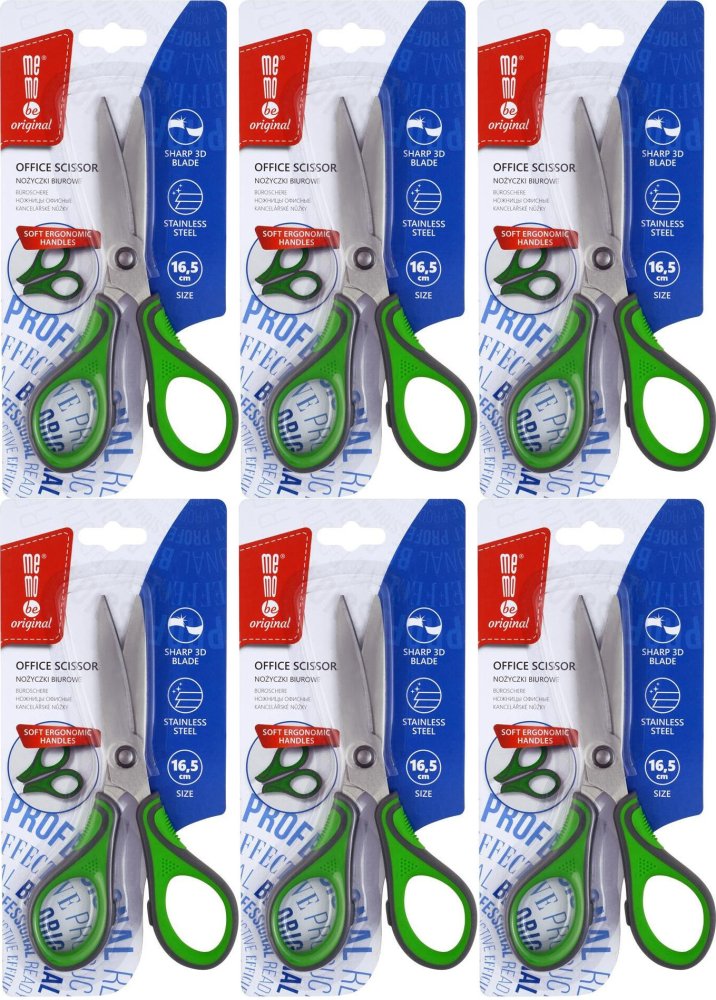 6x Nożyczki biurowe MemoBe, ostrze 3D, 16.5cm, zielony