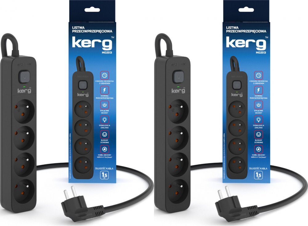 2x Listwa przeciwprzepięciowa Kerg, 1.5m, 4 gniazda, czarny