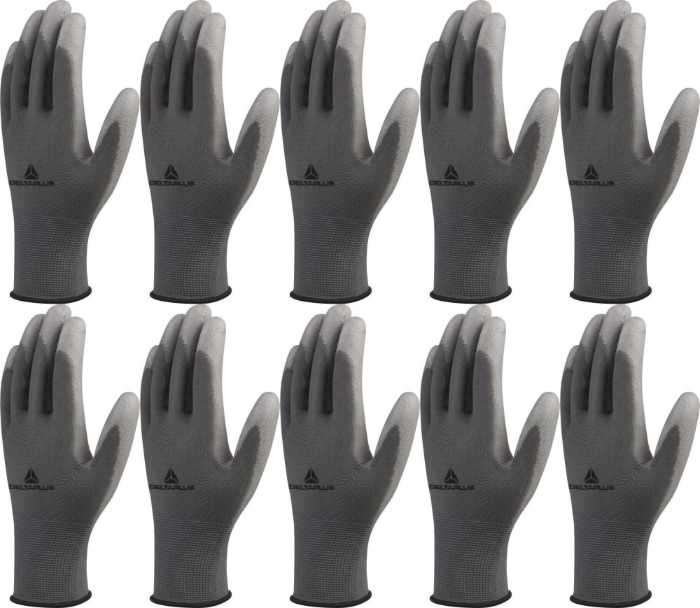 10x Rękawice robocze Delta Plus VE702GR, powlekane, rozmiar 10, szary