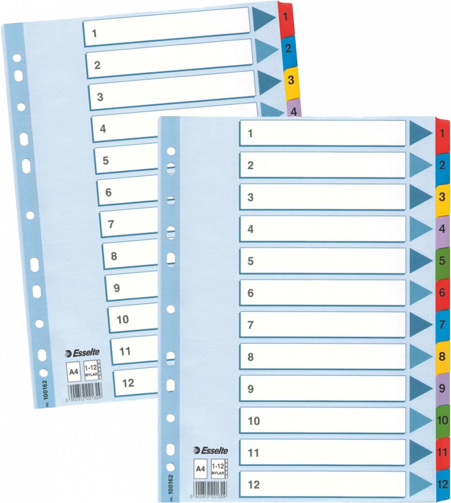 2x Przekładki do segregatora Esselte Mylar, kartonowe, numeryczne, A4, 1-12 kart, mix kolorów