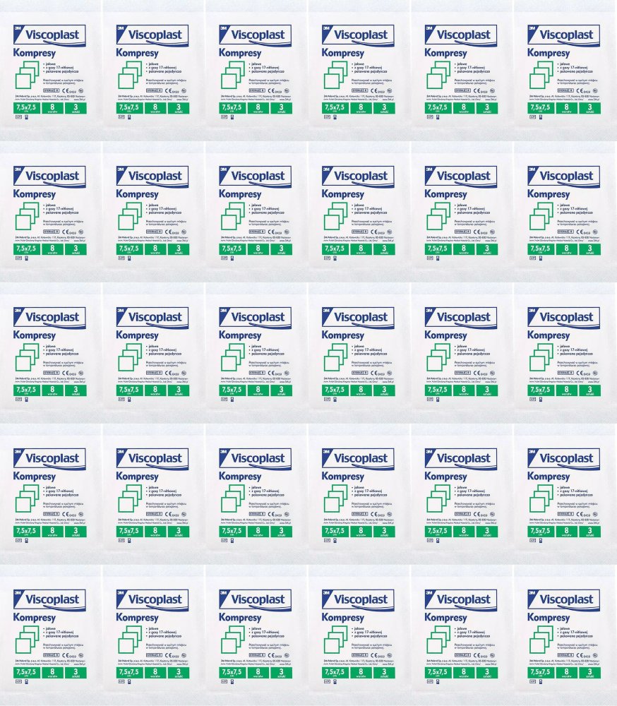 80x Jałowe kompresy gazowe Viscoplast, bawełniane, 17-nitkowe, 8 warstw, 7.5x7.5cm, 3 sztuki