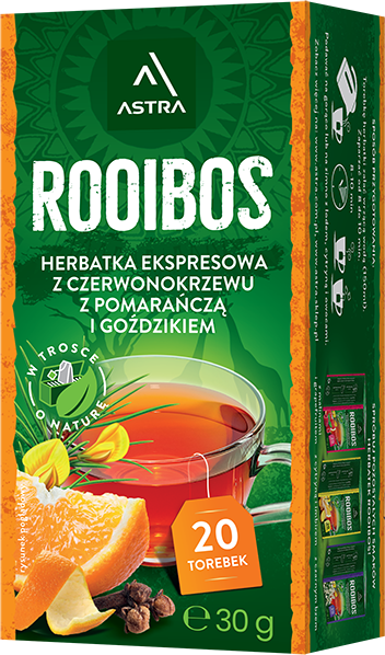 Herbata Rooibos w torebkach Astra, pomarańcza i goździk, 20 sztuk x 1.5g