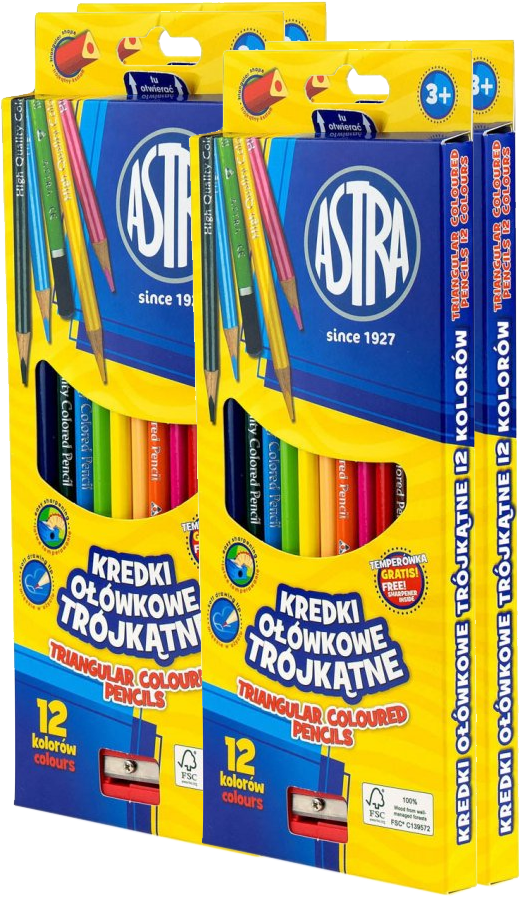 4x Kredki ołówkowe Astra, trójkątne, 12 sztuk+ temperówka, mix kolorów