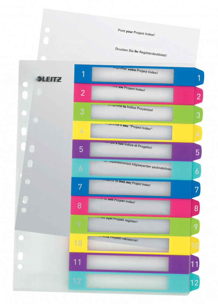 Przekładki do segregatora Leitz Wow, plastikowe, numeryczne, do zadruku, A4+, 1-12 kart, mix kolorów