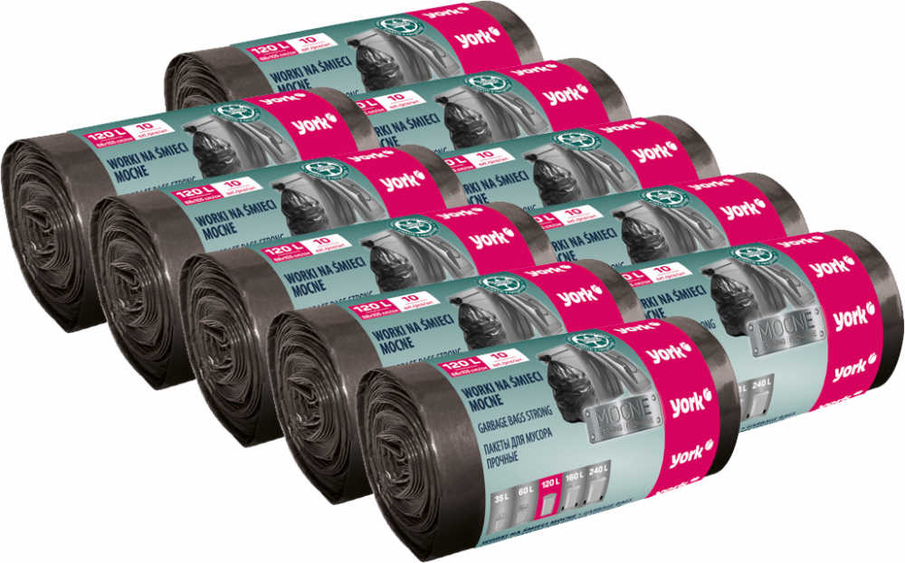 10x Worki na śmieci York Mocne, na odpady zmieszane,120l, 10 sztuk, czarny