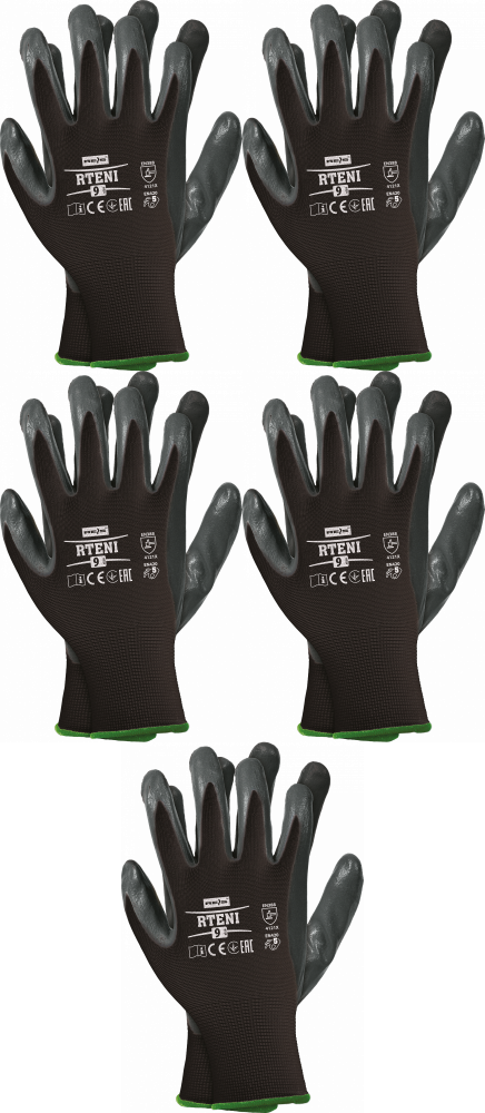 5x Rękawice robocze Reis Rteni, powlekane, rozmiar 8, czarny