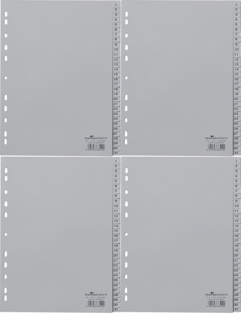 4x Przekładki do segregatora Durable, plastikowe, numeryczne, A4, 1-31 kart, szary