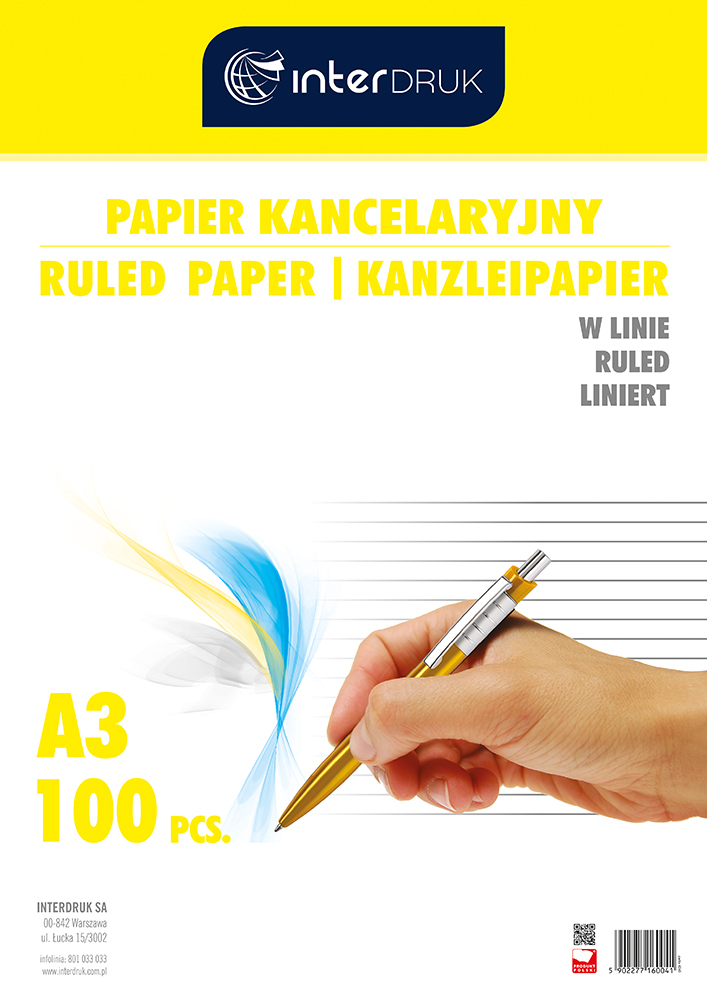 Papier kancelaryjny Interdruk, A3, w linie, 100 arkuszy