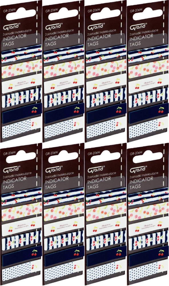 8x Zakładki samoprzylepne Grand GR-206W, proste (z nadrukiem wiśni), indeksujące, folia, 45x12mm, 6x20 sztuk, mix kolorów