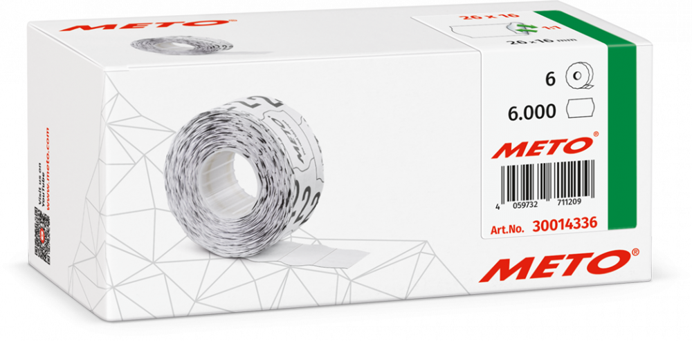 Etykiety cenowe w rolce Meto, do metkownicy dwurzędowej, usuwalne,26x16 mm, 1000 sztuk, 6 rolek, biały