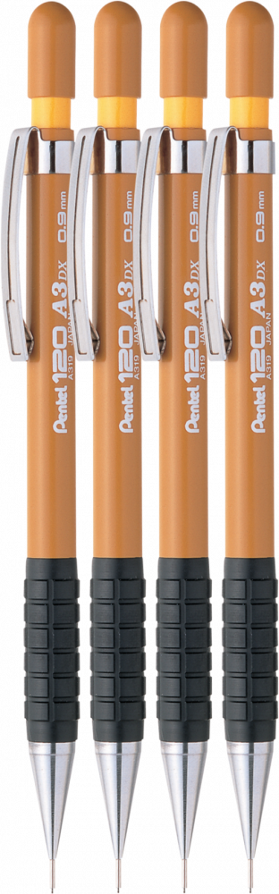 4x Ołówek automatyczny Pentel A300, 0.9mm, z gumką, żółty