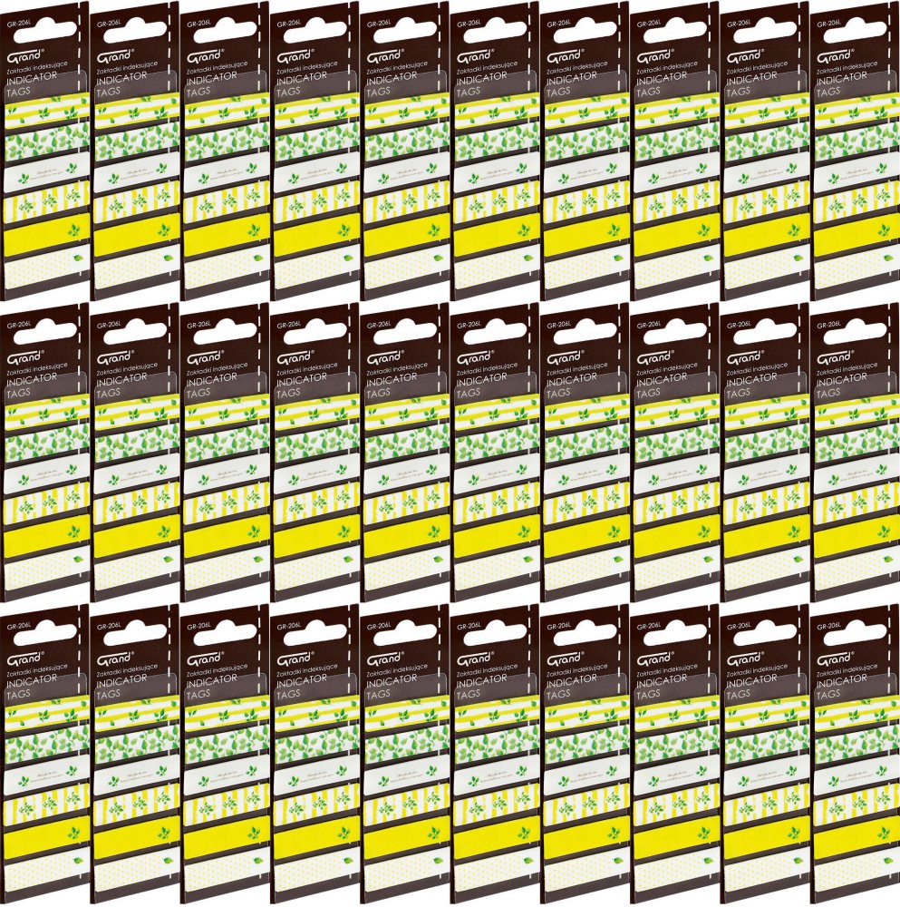 36x Zakładki samoprzylepne Grand GR-206L, proste (z nadrukiem liści), indeksujące, folia, 45x12mm, 6x20 sztuk, mix kolorów