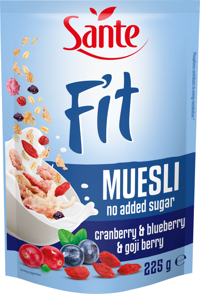Płatki śniadaniowe Sante Fit, żurawina/borówka/jagody goji, bez cukru, 225g