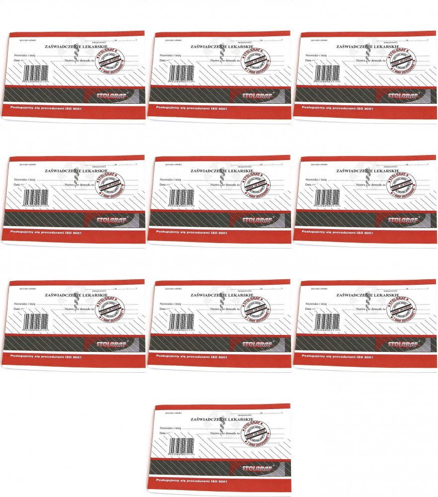 10x Druk akcydensowy Zaświadczenie Lekarskie Stolgraf Z-11, A6, 100k