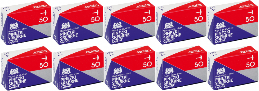 10x pinezki Grand, 50 sztuk, srebrny