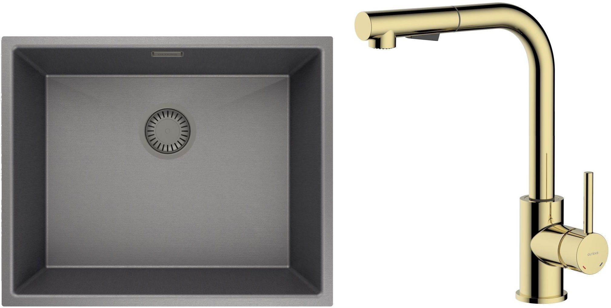 Zestaw Oltens Stalvask zlewozmywak stalowy 54x44 cm z baterią kuchenną Myvat czarny/złoty połysk (71101300, 35205800) - Wysyłka w 24h