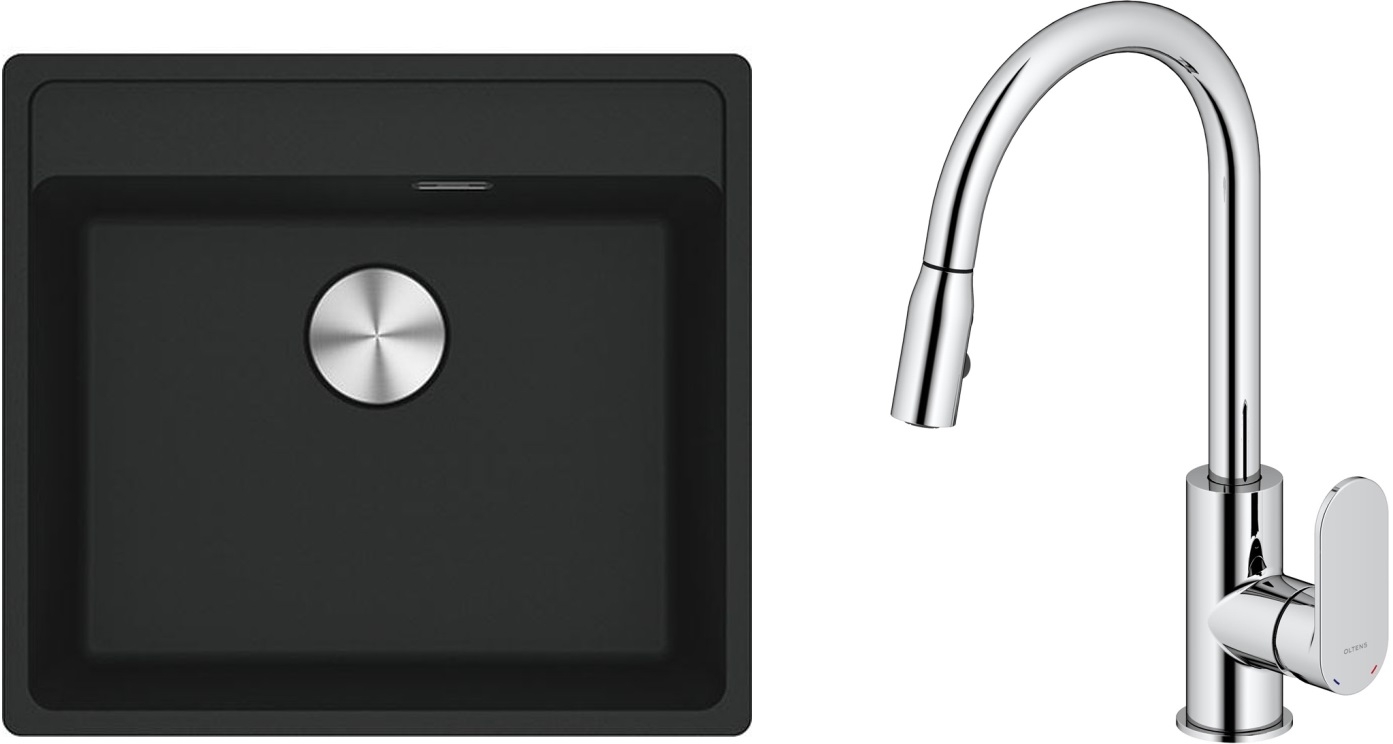 Zestaw Franke Maris MRG 610-52 zlewozmywak 51x56 cm z baterią kuchenną Oltens Lista czarny mat/chrom (1140661761, 35202100)