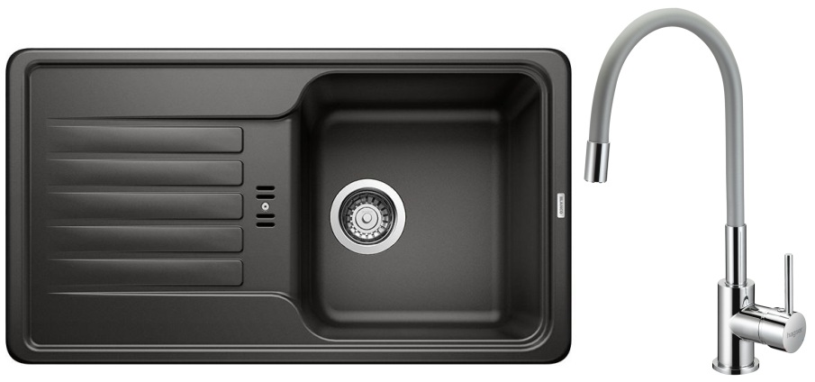 Zestaw Blanco Favos Mini zlewozmywak granitowy 78x43,5 cm czarny z baterią stojącą Hagser Emma chrom-szary (526078, HGR40000035)