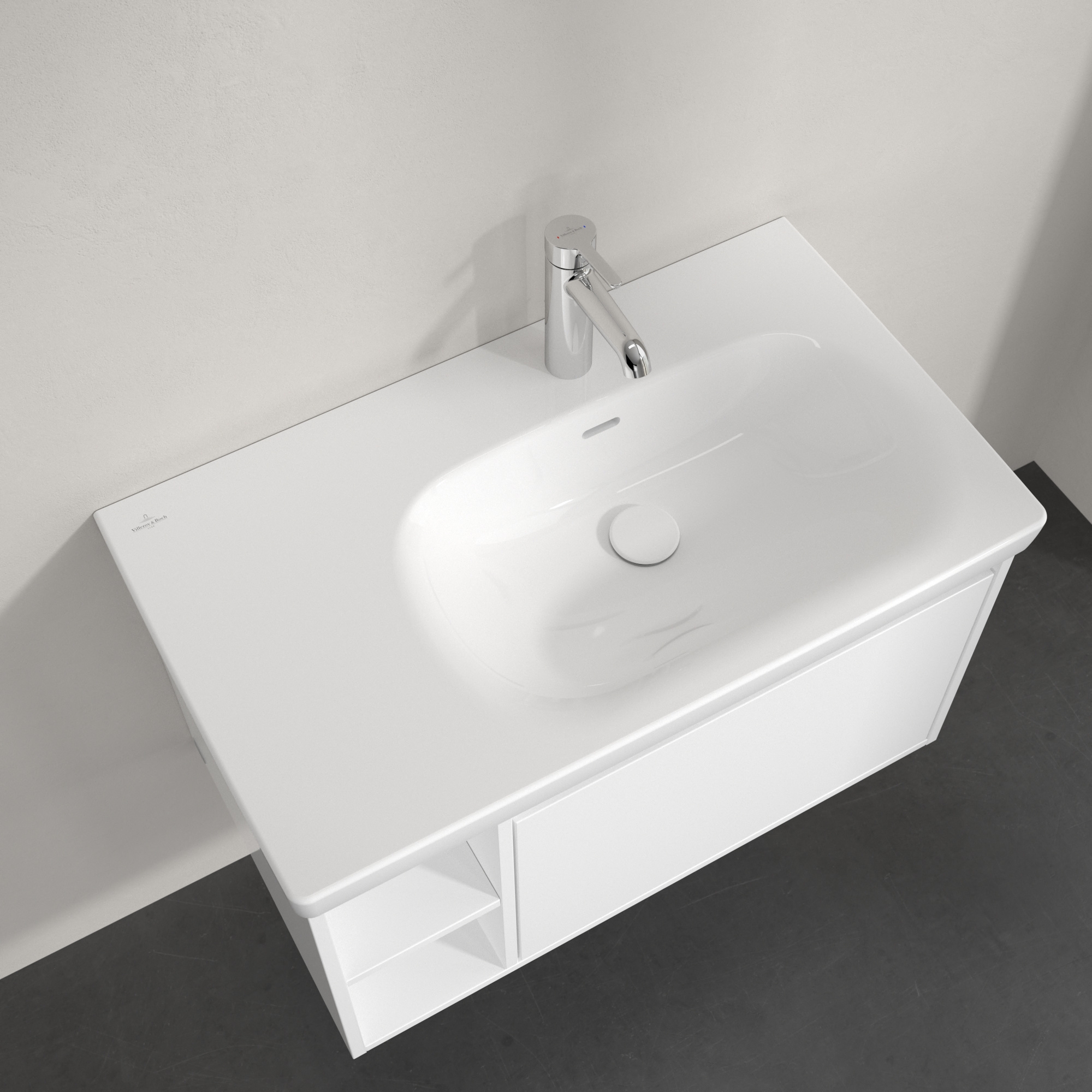 Villeroy & Boch Skyla umywalka 80x46 cm prostokątna meblowa prawa CeramicPlus Weiss Alpin 5A52R1R1