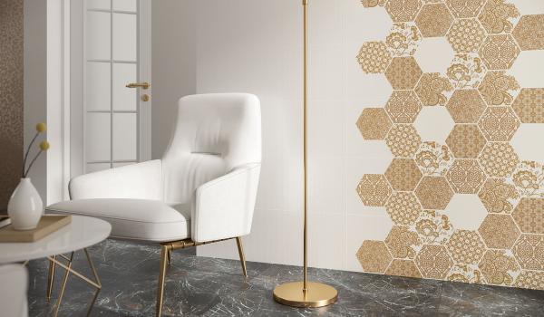 Paradyż Shiny Lines dekor ścienno-podłogowy 19,8x17,1 cm inserto motyw C biały/złoty mat