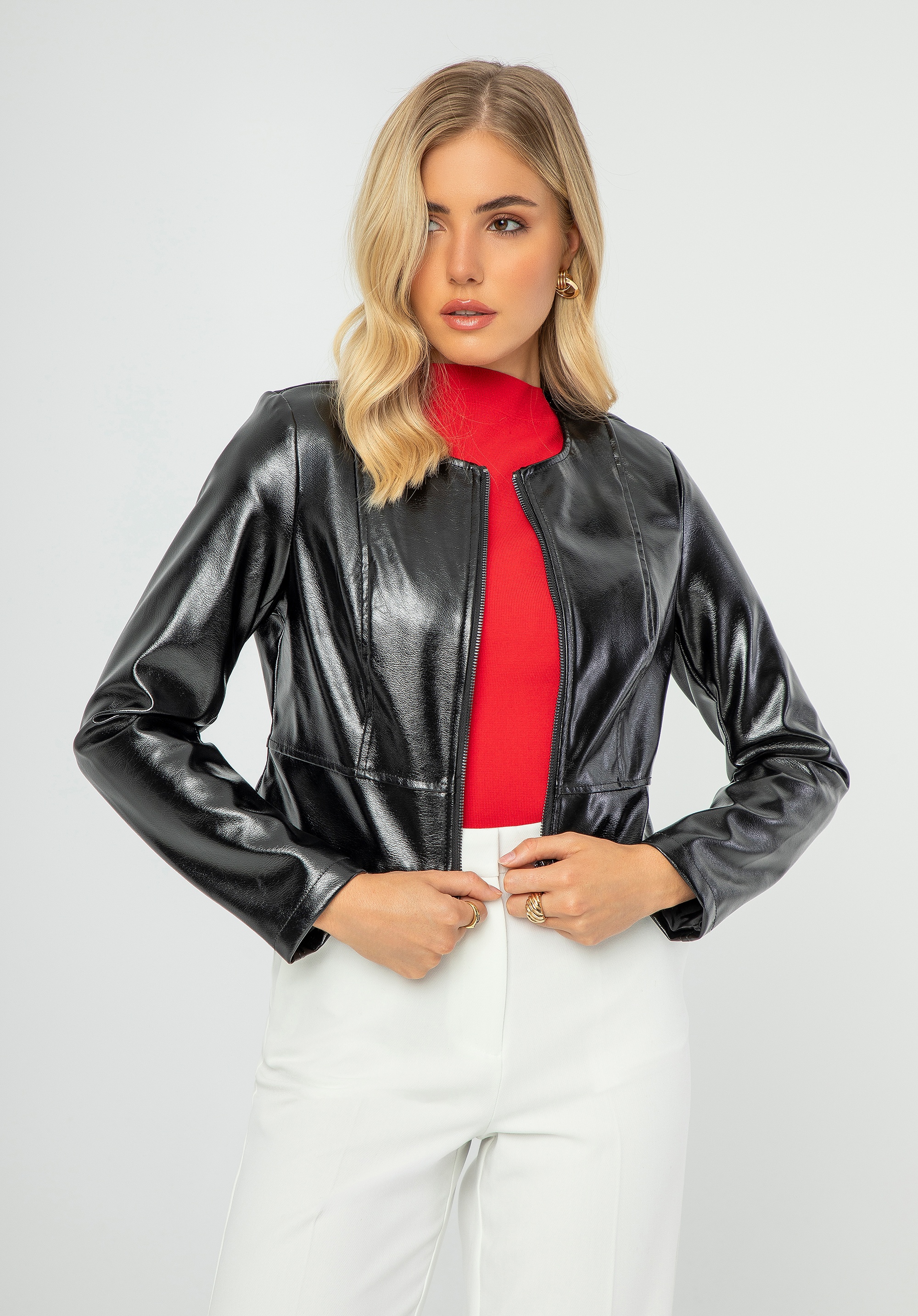 Damska kurtka ze skóry ekologicznej czarno - grafitowa