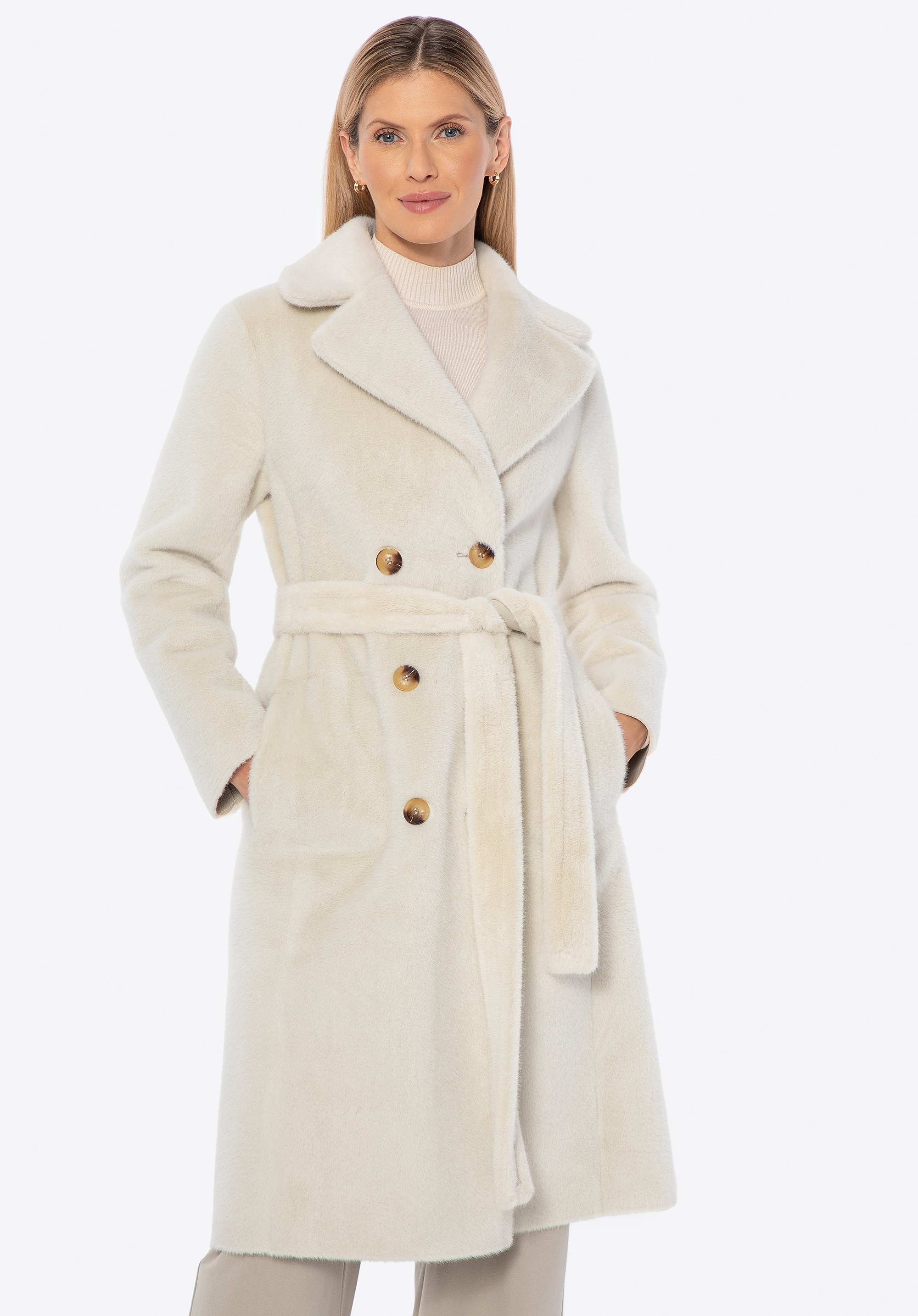 Dwustronny damski płaszcz z wiązaniem kremowy