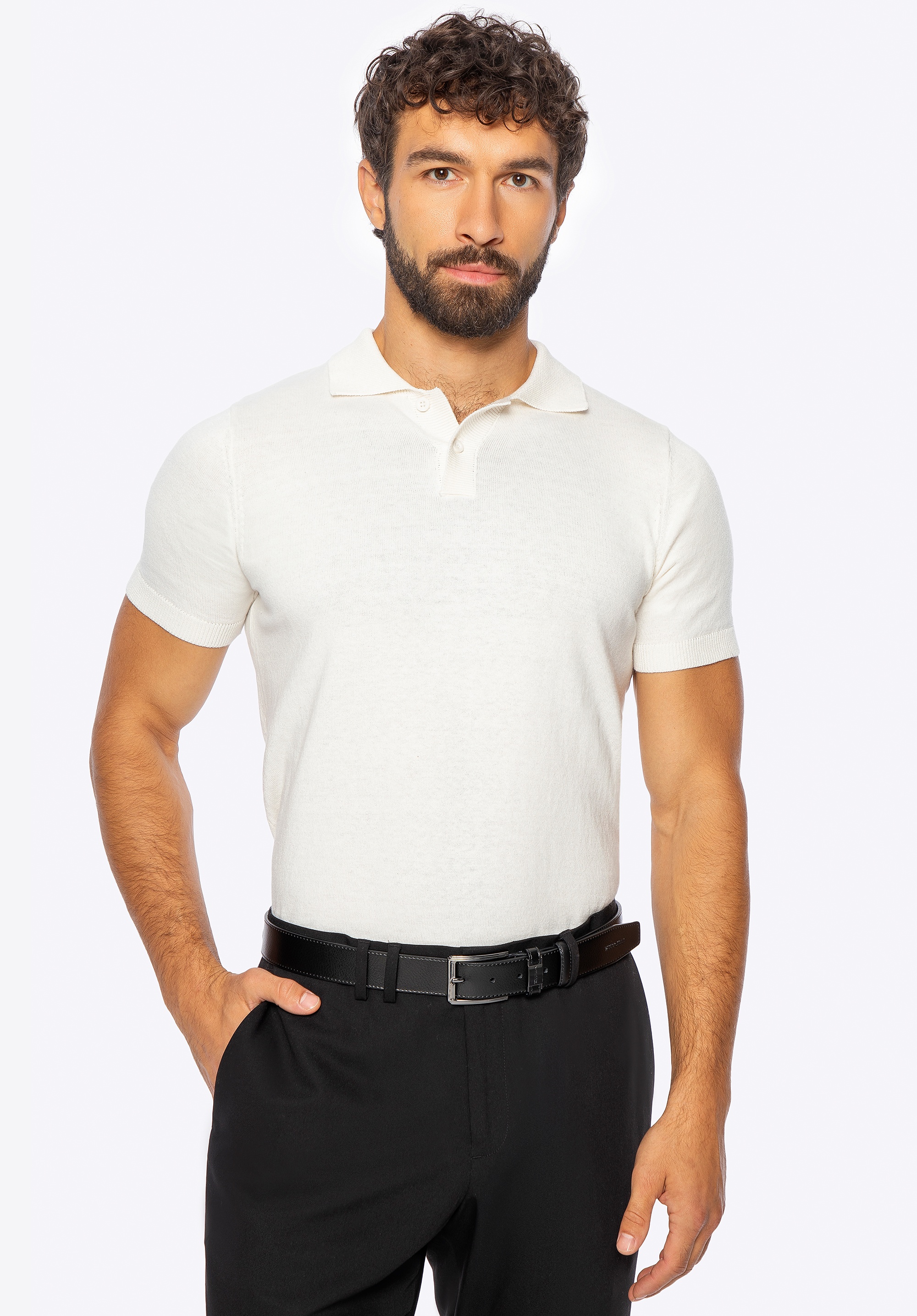 Męski sweter z krótkim rękawem z domieszką kaszmiru kremowy