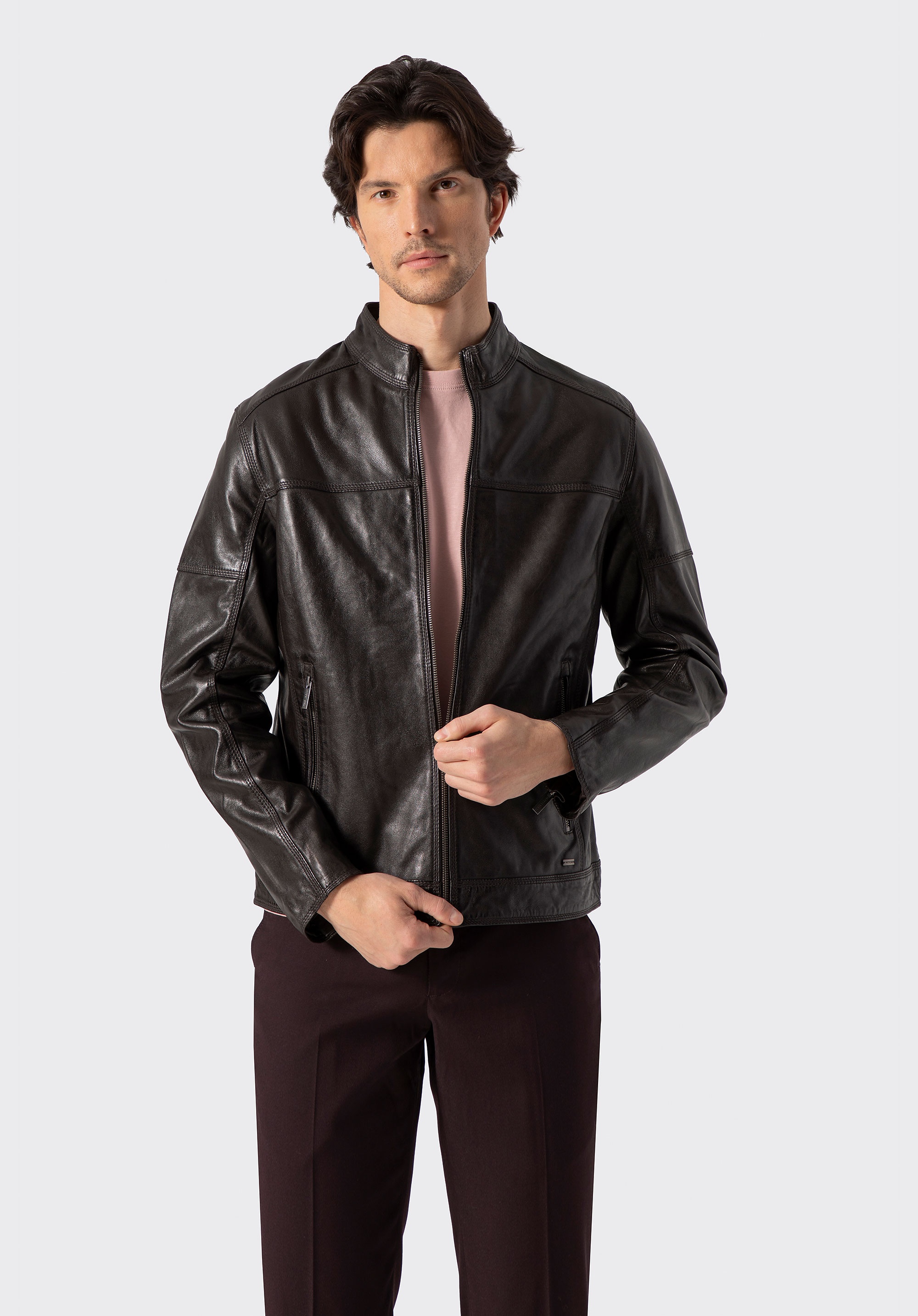 Męska kurtka biker ze skóry naturalnej ciemny brąz